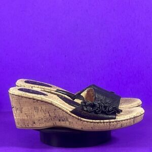 Born Concept Black Leather Flower Cork Wedge Sandals Women's Shoe Size 9